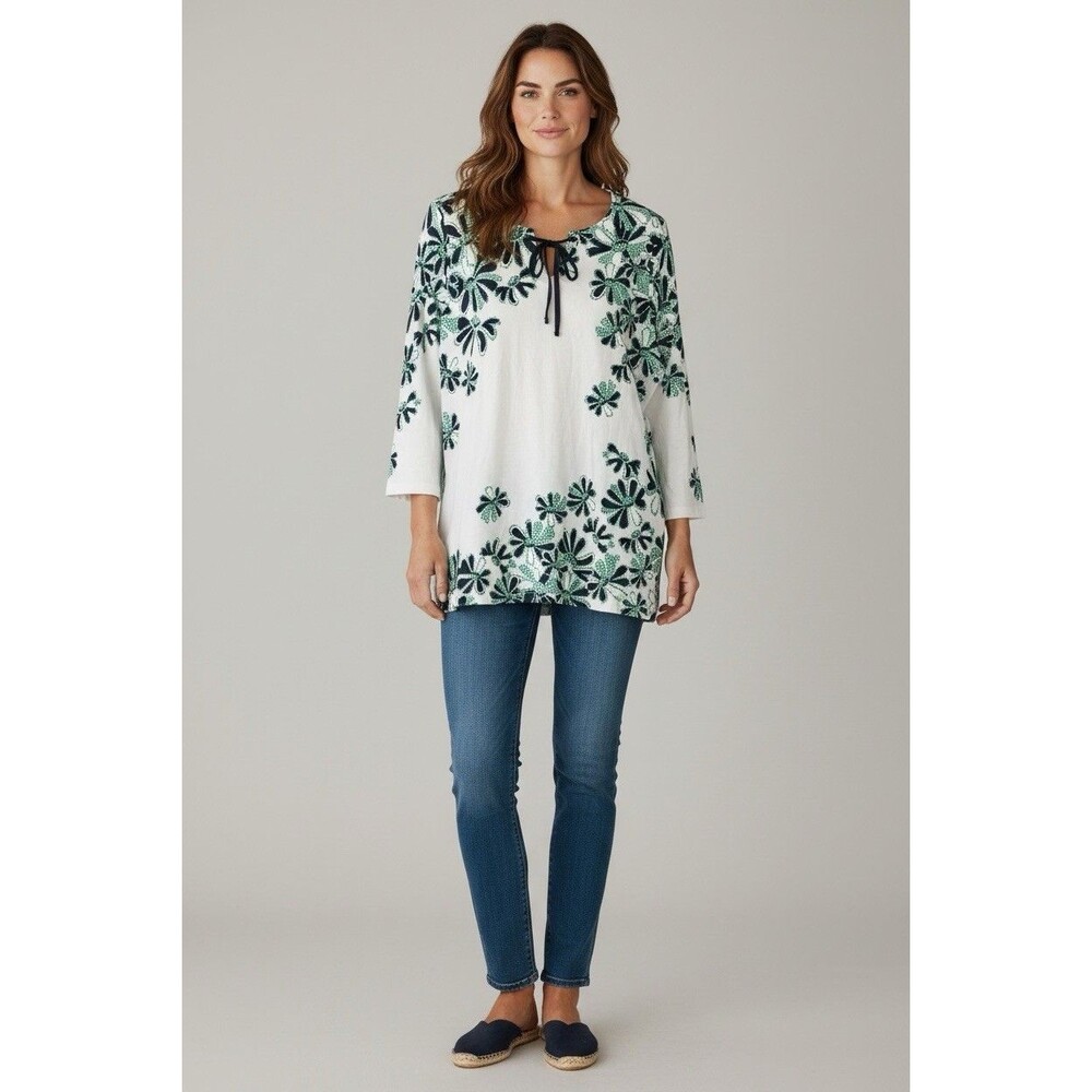 Pendleton Women XL Blouse Floral Keyhole Neck 3/4 Sleeve Top Tunic  White